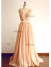 Deep V Back Champagne Tulle Lace Beaded Prom Dress Deep V Back Champagne Tulle Lace Beaded Prom Dress